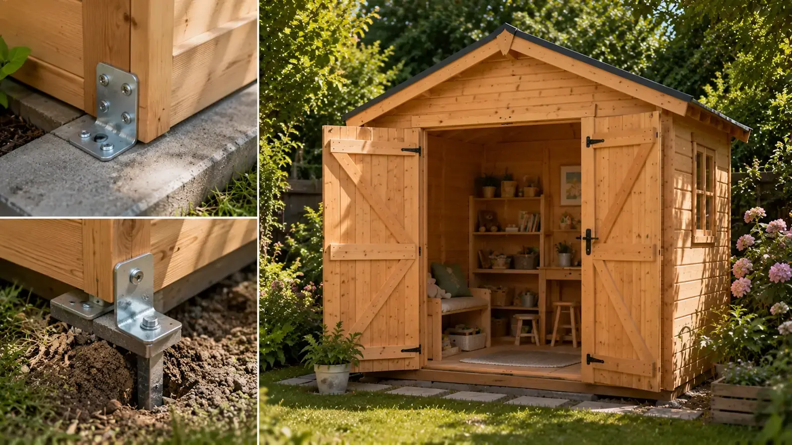 Cabanon pour enfants sécurisé avec fixation au sol renforcée et structure en bois robuste dans un jardin extérieur.
