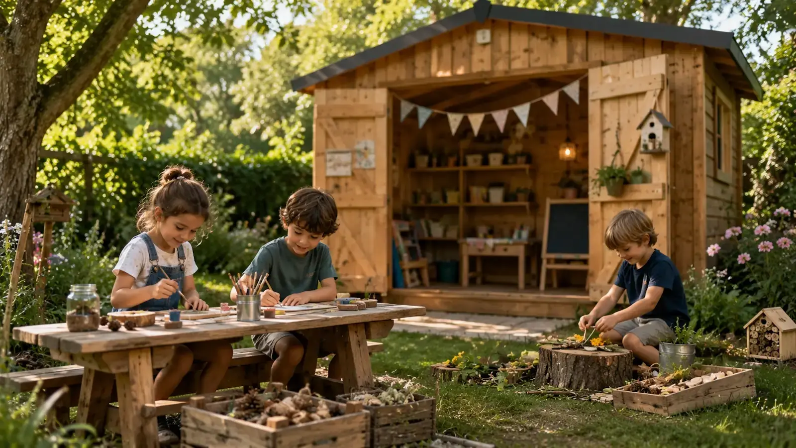 Enfants jouant dehors près d’un cabanon en bois avec activités manuelles, jeux nature et loisirs sans écran dans le jardin.