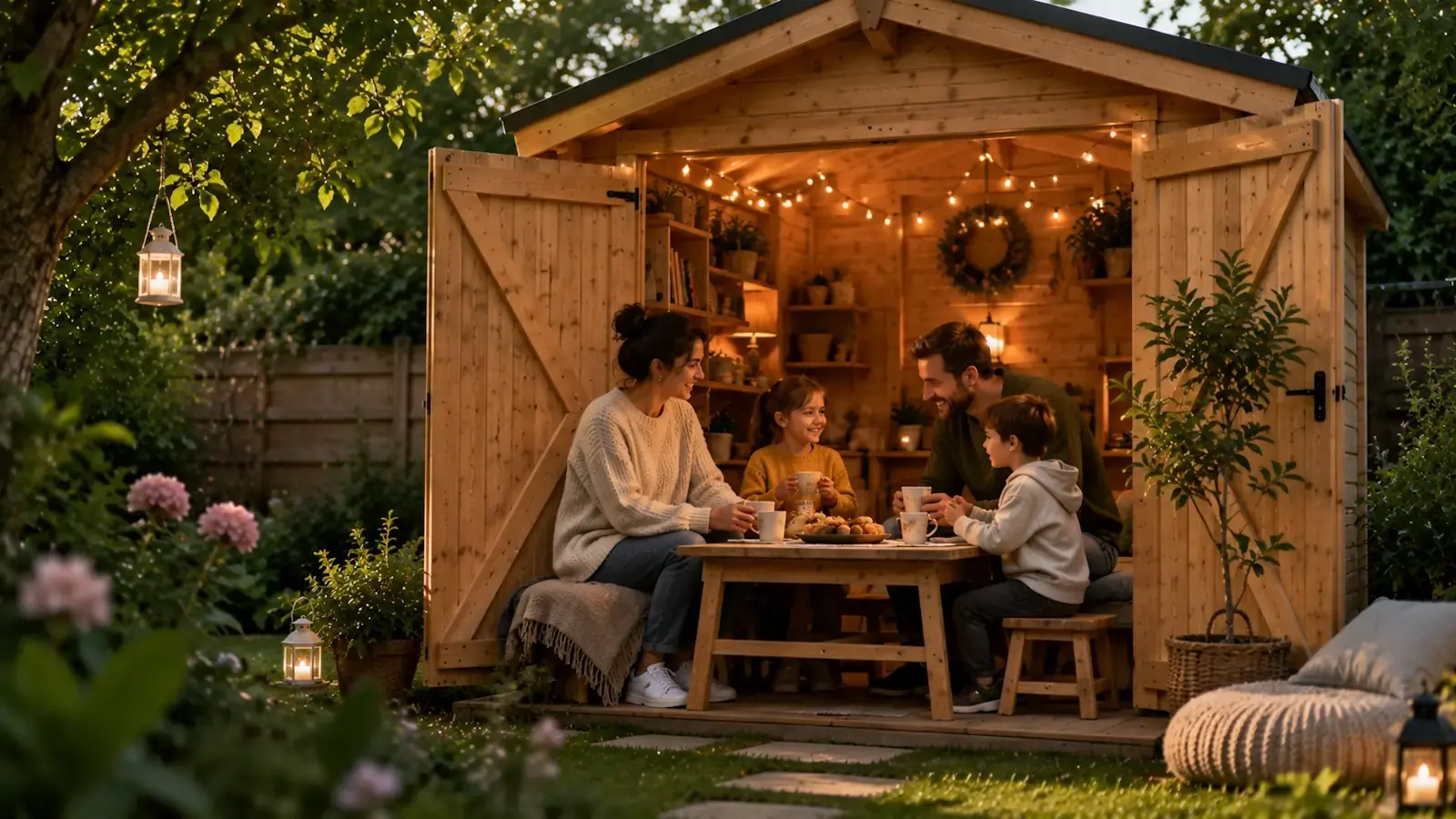 Famille partageant un goûter chaleureux dans un cabanon en bois avec parents et enfants dans une ambiance cosy au jardin.