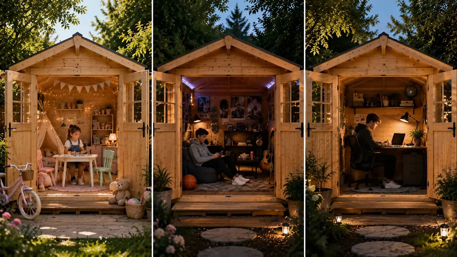 Évolution d’un cabanon de jardin transformé en espace enfant, coin détente pour adolescent et bureau d’étude moderne.
