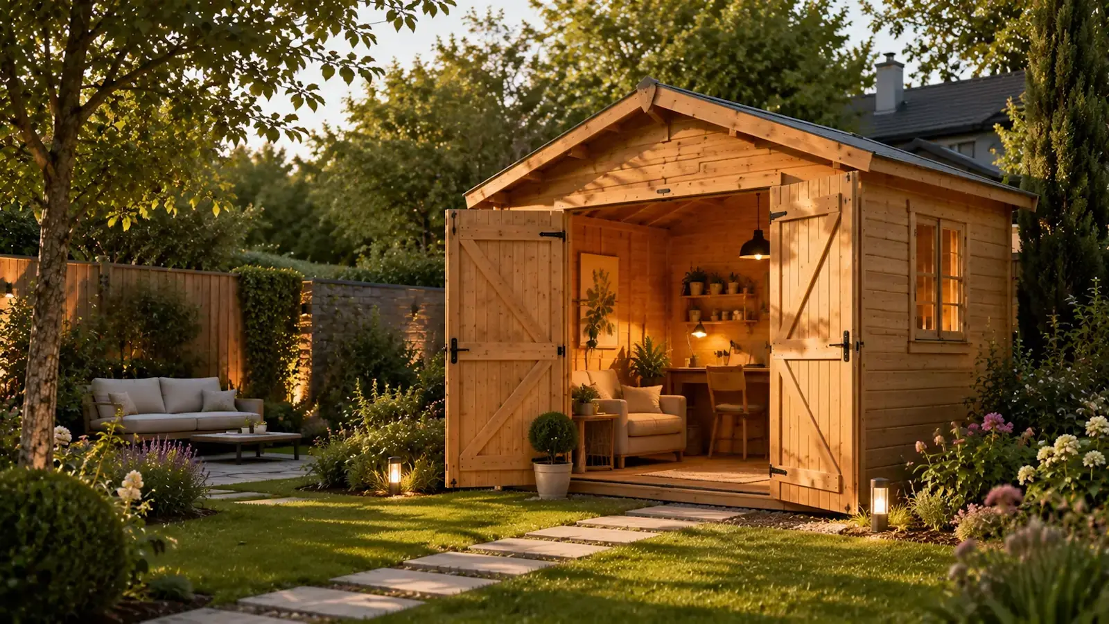 Chalet de jardin haut de gamme intégré dans un jardin paysager élégant pour valoriser l’espace extérieur de la maison.