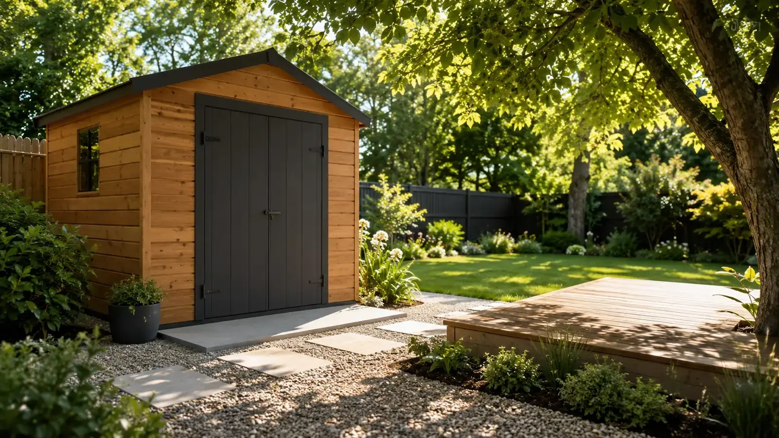 Cabanon de jardin bien placé dans un espace extérieur ombragé avec dalle en bois et allée en béton dans un jardin paysager.