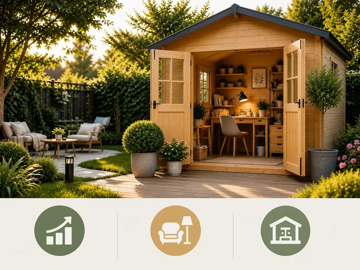 cabanon de jardin en bois aménagé avec espace extérieur et intérieur cosy augmentant le confort et la valeur du jardin