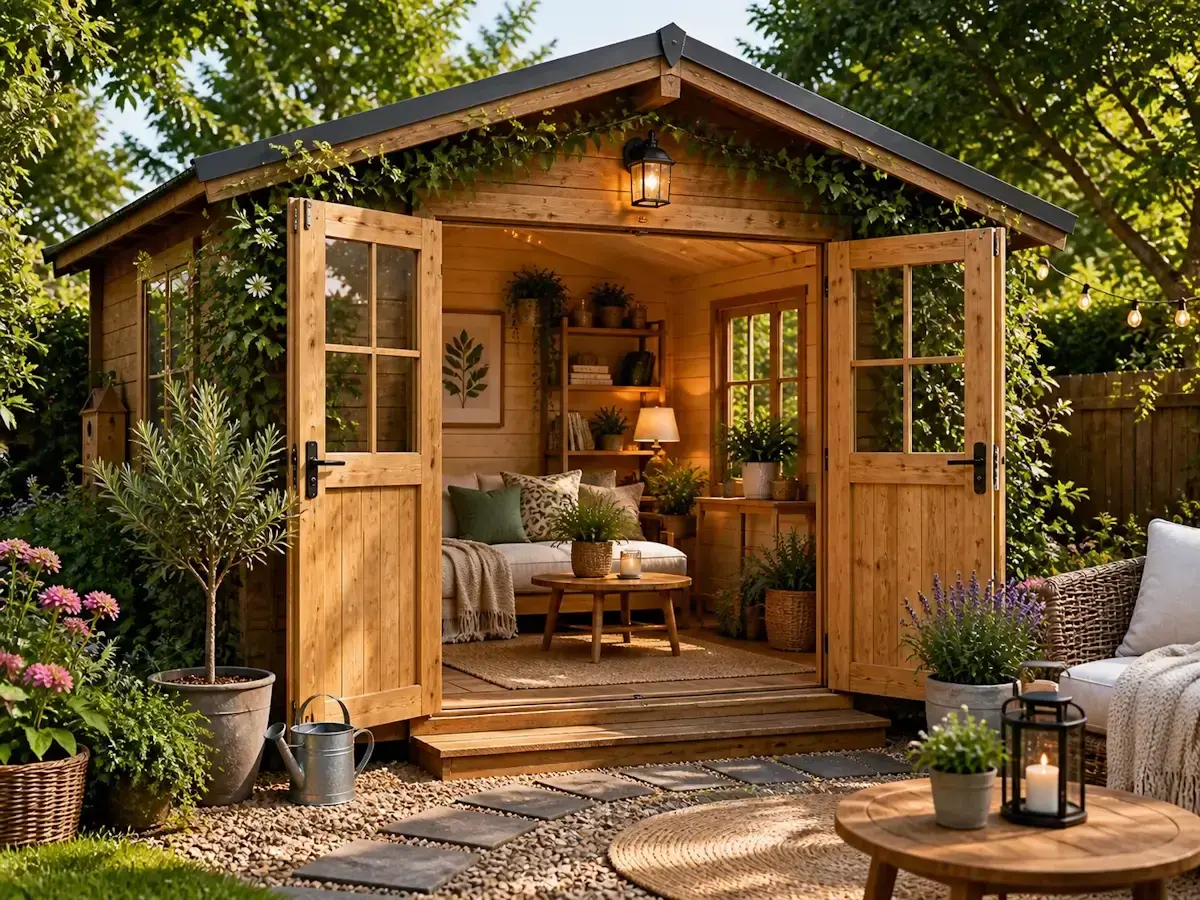 cabanon de jardin en bois intégré dans un jardin avec plantes chemin en pierre et pergola fleurie