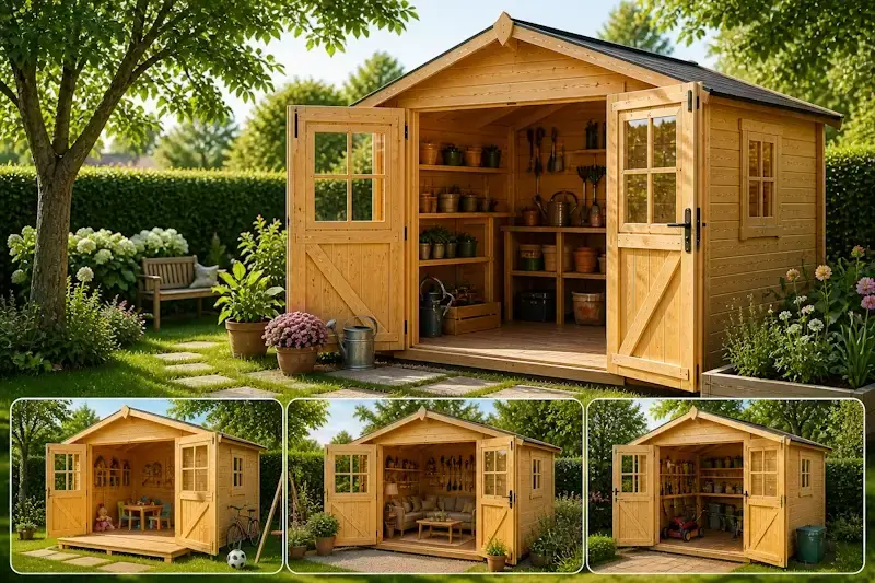 cabanon de jardin en bois utilisé comme espace de rangement et espace de vie extérieur
