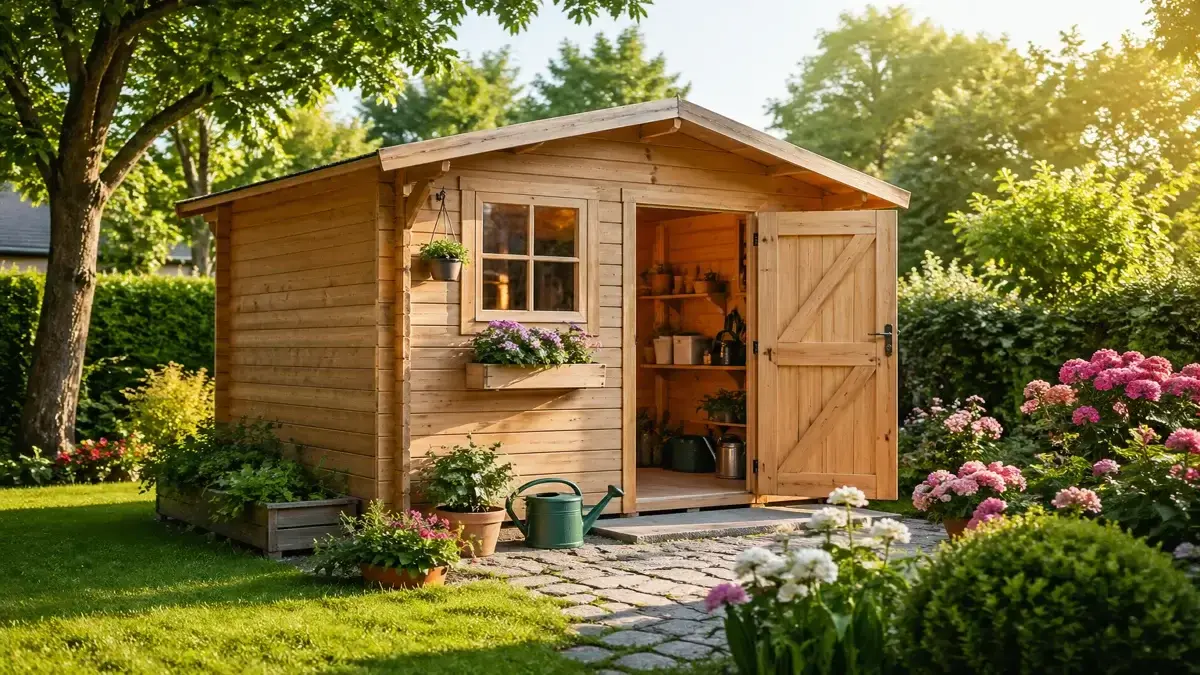 cabanon de jardin en bois dans un beau jardin aménagé