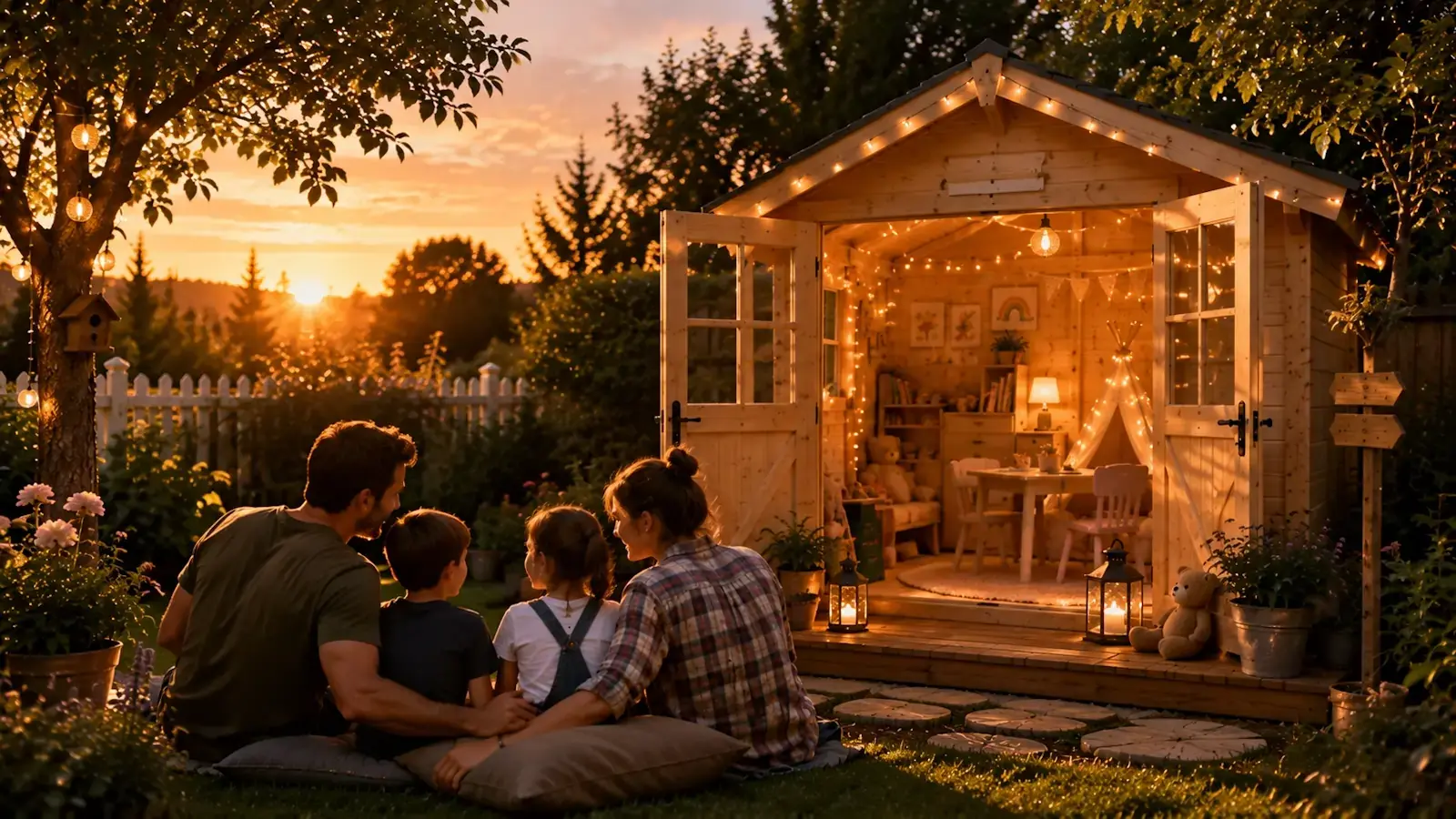 Famille heureuse devant un cabanon de jardin illuminé au coucher du soleil avec ambiance chaleureuse et espace enfant féerique.