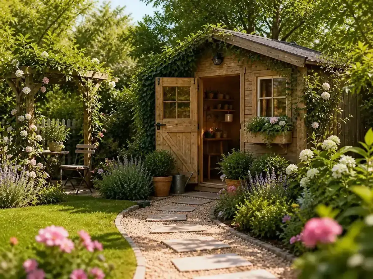 cabanon de jardin en bois intégré dans un jardin avec plantes chemin en pierre et pergola fleurie