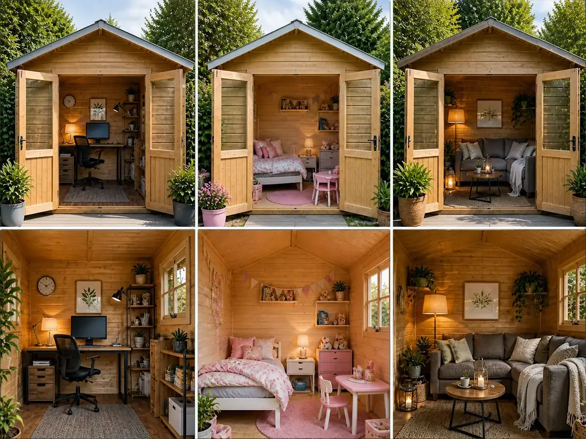 cabanon de jardin en bois aménagé en bureau espace enfant et coin détente intérieur cosy