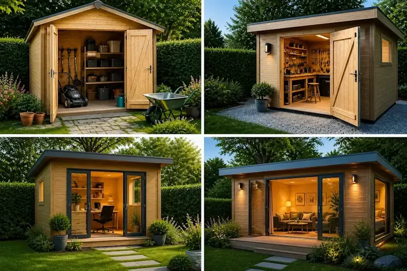 types de cabanons de jardin en bois : rangement, atelier, bureau et studio de jardin