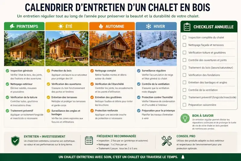 Calendrier d’entretien d’un chalet en bois avec checklist annuelle et tâches saisonnières pour préserver la durabilité du bois