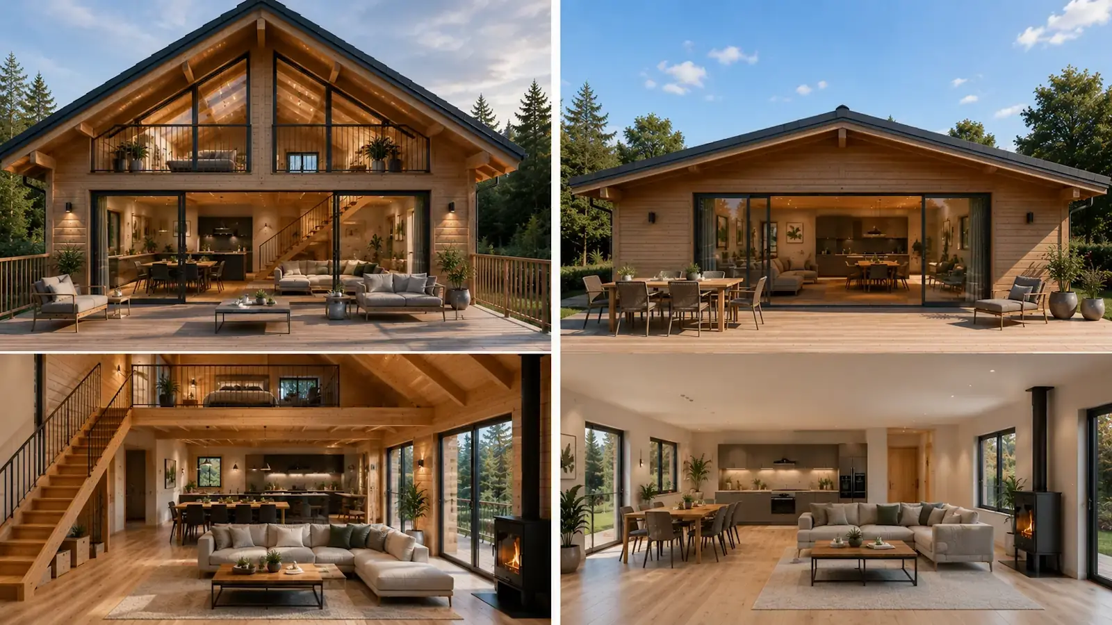 Comparatif entre un chalet bois avec mezzanine et un chalet de plain-pied montrant les différences de volume intérieur et d'aménagement