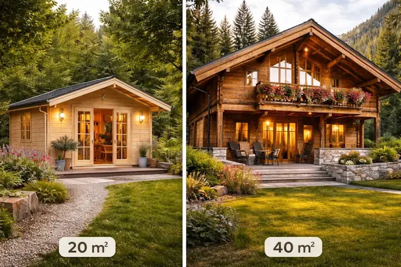 Comparaison entre un chalet en bois habitable de 20m² et un chalet plus grand de 40m² pour choisir la surface adaptée aux besoins.