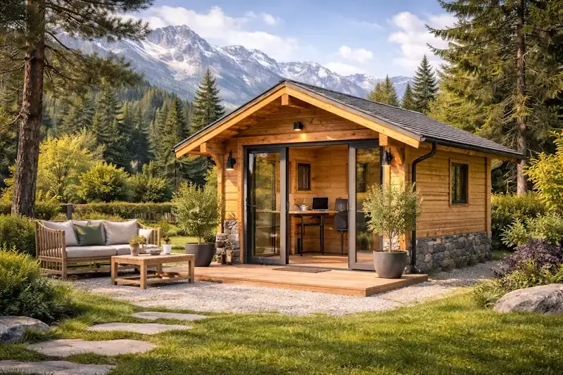 Chalet en bois de jardin pouvant servir de bureau ou studio, exemple de construction entre 5 m² et 20 m² nécessitant une déclaration préalable de travaux.