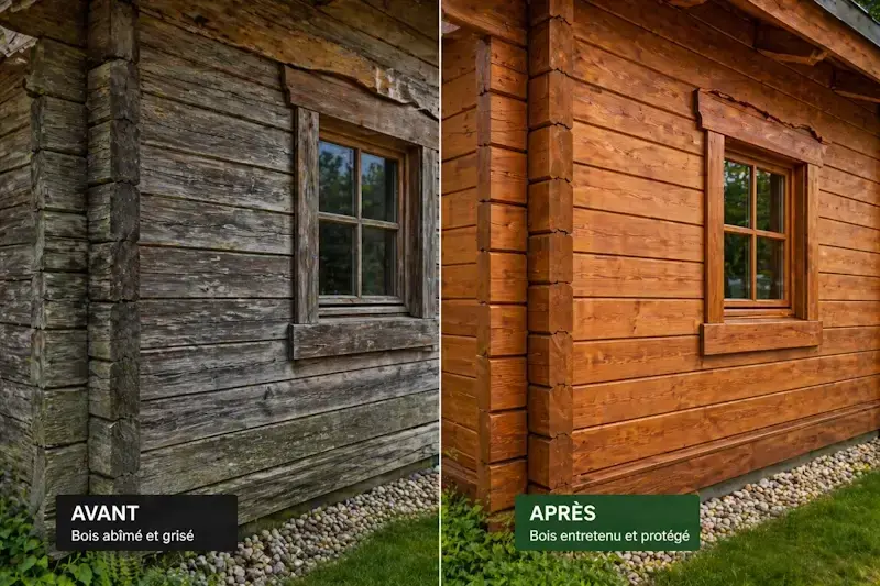 Comparaison avant après d’un chalet en bois : bois abîmé et grisé vs bois rénové et protégé après entretien