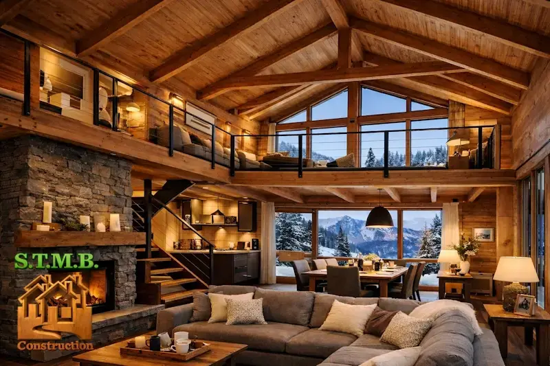 Chalet bois avec mezzanine moderne et espace de vie lumineux