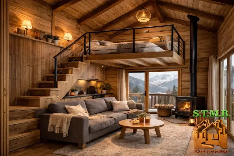 Chalet bois avec mezzanine optimisee amenagement interieur lumineux et fonctionnel