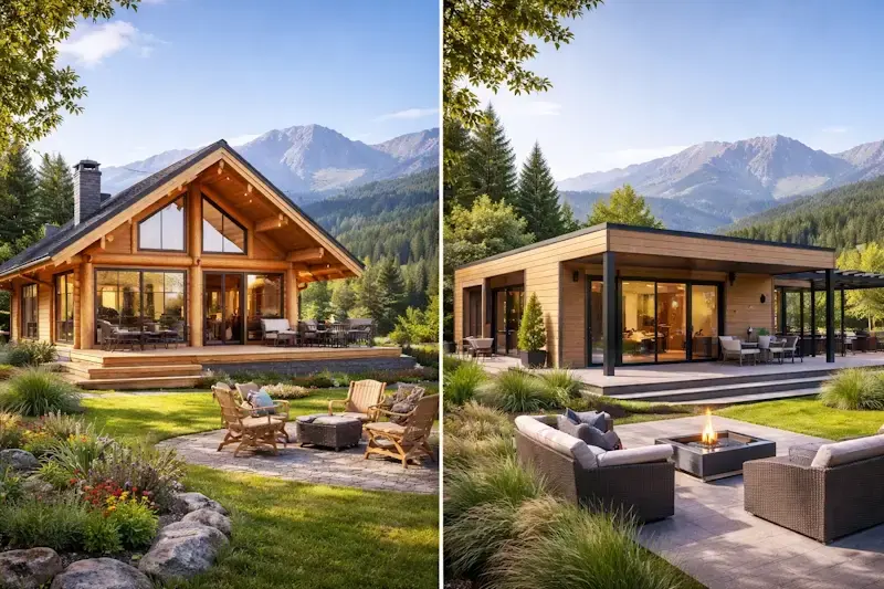 Chalet en bois design personnalisable combinant architecture traditionnelle et moderne, intégré harmonieusement dans un environnement naturel