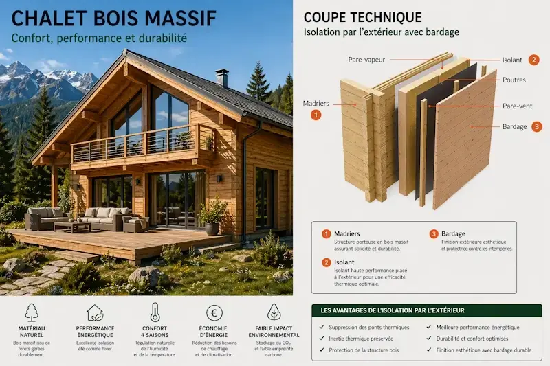 coupe technique mur chalet bois avec isolation par l’extérieur, bardage bois, pare-vapeur et structure madriers