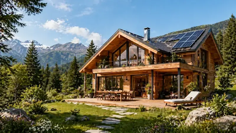 vue extérieure d’un chalet bois écologique moderne avec panneaux solaires en pleine nature et montagne