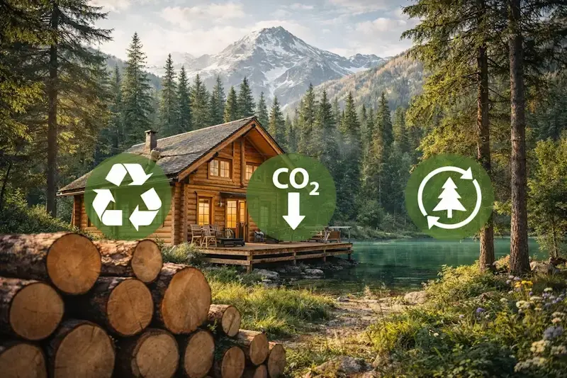 chalet en bois écologique au bord d’un lac en forêt de montagne, habitat durable et naturel