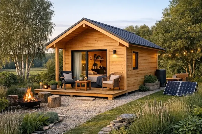 Chalet en bois habitable de 20m² installé dans un jardin, avec terrasse et aménagement écologique pour studio indépendant ou gîte.