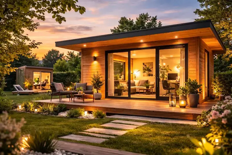 Chalet en bois habitable de 20m² installé dans un jardin paysager avec terrasse et intérieur lumineux.