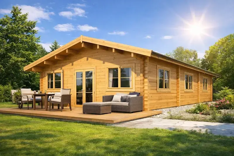 Chalet en bois habitable de 52 m² avec terrasse dans un jardin ensoleillé