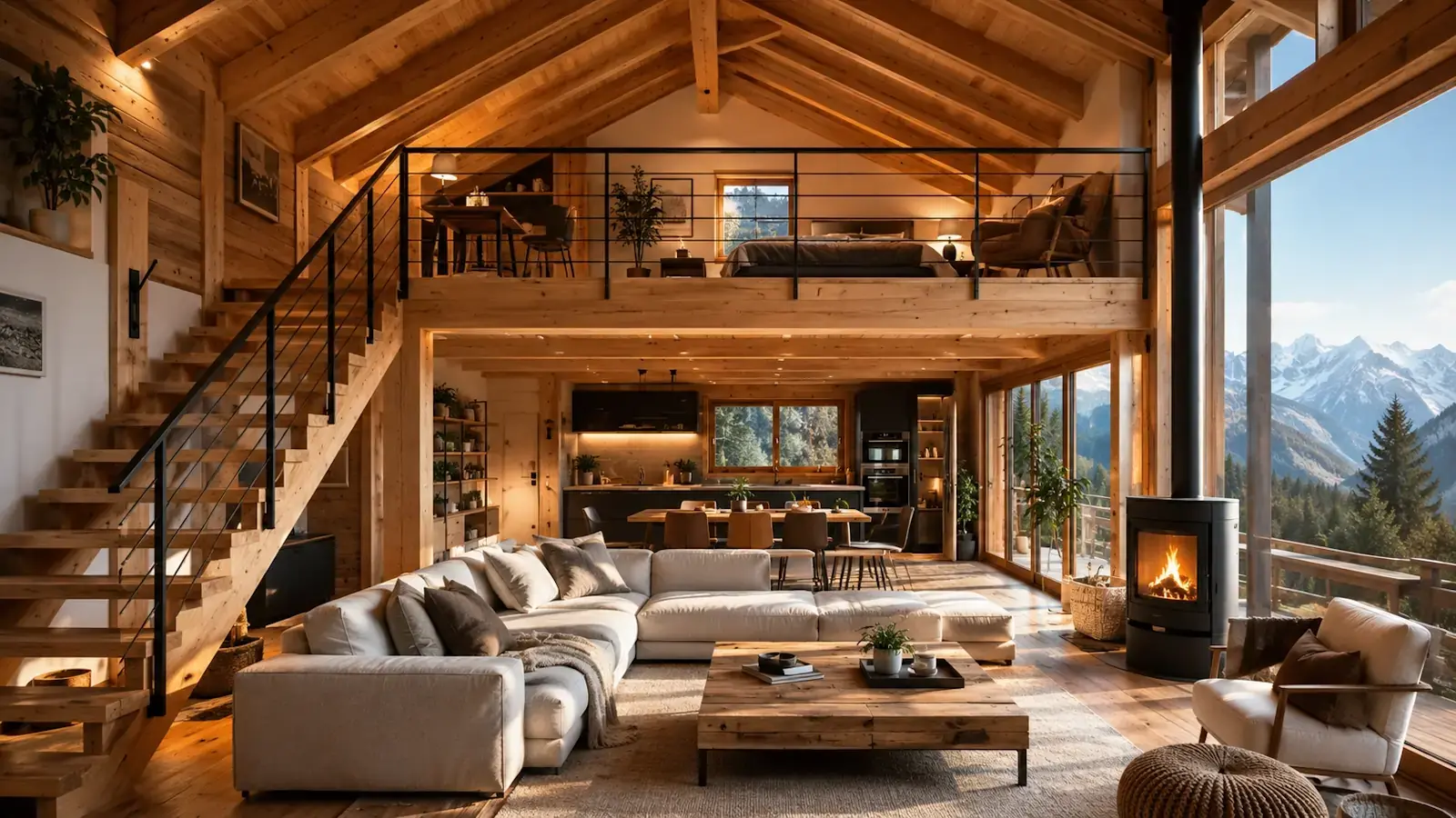 Chalet bois habitable avec mezzanine interieur haut de gamme stmb construction webp