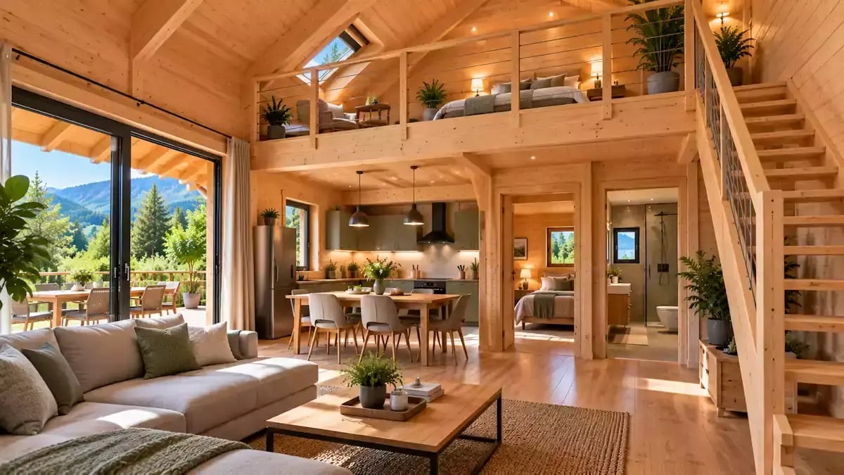 Chalet habitable en bois avec mezzanine aménagée, escalier et séjour ouvert