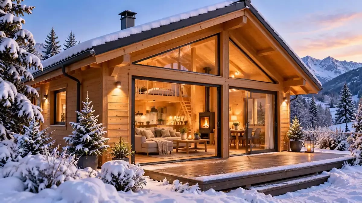 Chalet habitable en bois avec intérieur chaleureux en hiver et grandes baies vitrées