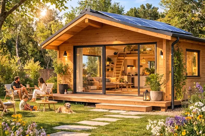 Chalet en bois habitable écologique de 20m² installé dans un jardin naturel, illustrant une construction durable et un habitat compact en bois.