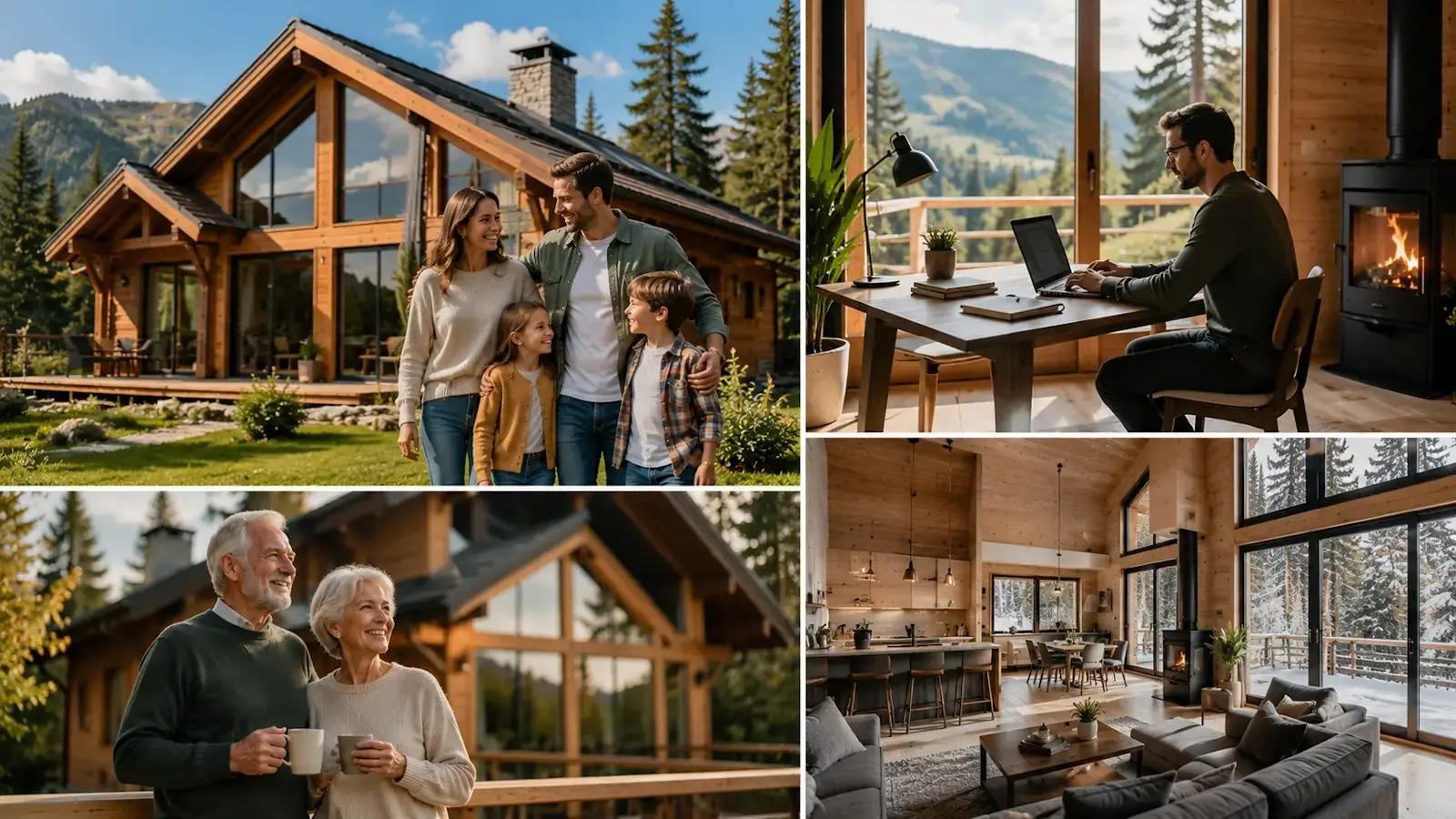 Famille, télétravail et couple senior profitant d’un chalet en bois habitable moderne et confortable STMB Construction