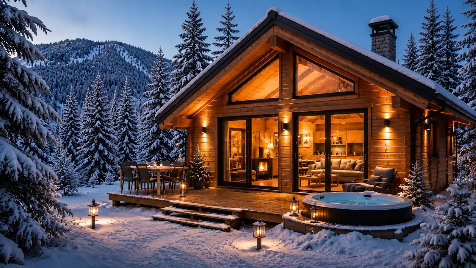 Chalet en bois habitable en hiver avec intérieur chaleureux, terrasse enneigée et ambiance cosy pour vivre confortablement toute l’année.