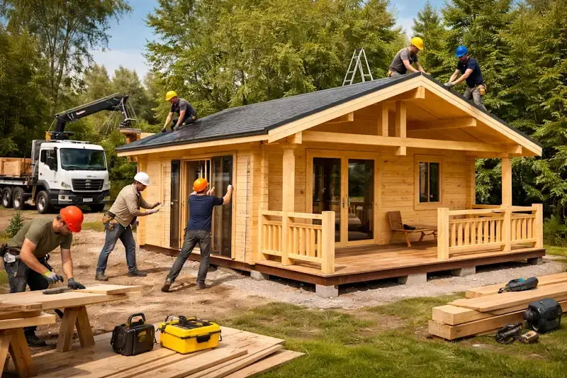Installation d’un chalet en bois habitable par une équipe d’experts avec pose de la charpente, de la toiture et des menuiseries