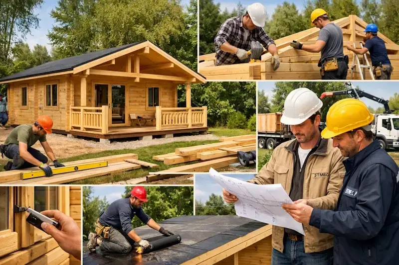Montage professionnel d’un chalet en bois habitable livré clé en main avec installation de la charpente et de la toiture