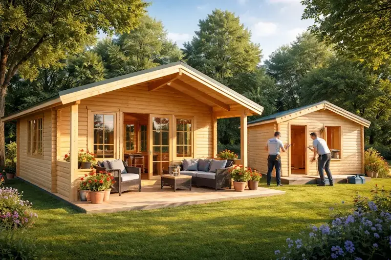Chalet habitable en bois installé dans un jardin avec terrasse, exemple de construction livrée et montée par STMB Construction