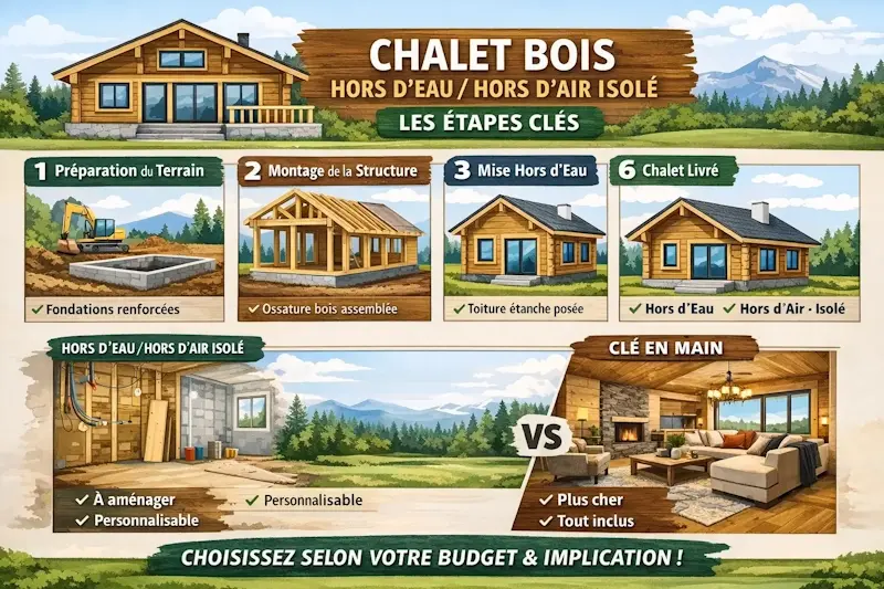 Chalet bois hors eau hors air isole etapes vs cle en main