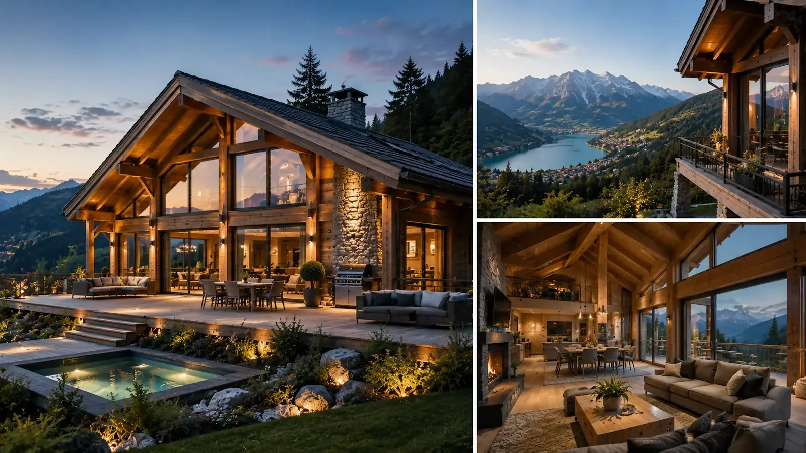 Chalet en bois haut de gamme avec vue panoramique et intérieur chaleureux illustrant un investissement immobilier durable STMB Construction