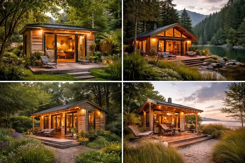 chalet en bois moderne utilisé pour location Airbnb et studio de jardin rentable dans différents environnements