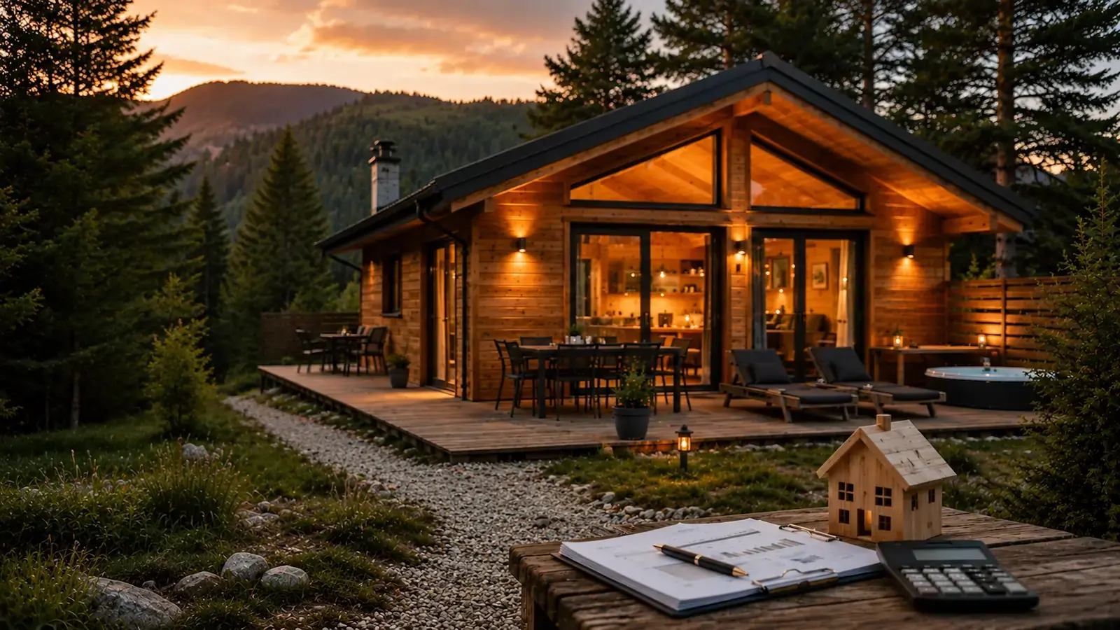 Chalet en bois moderne destiné à la location saisonnière avec terrasse, ambiance chaleureuse et environnement naturel en montagne.