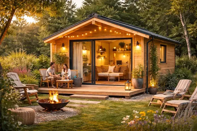 Chalet en bois habitable utilisé comme location touristique avec terrasse et espace détente dans un jardin naturel.