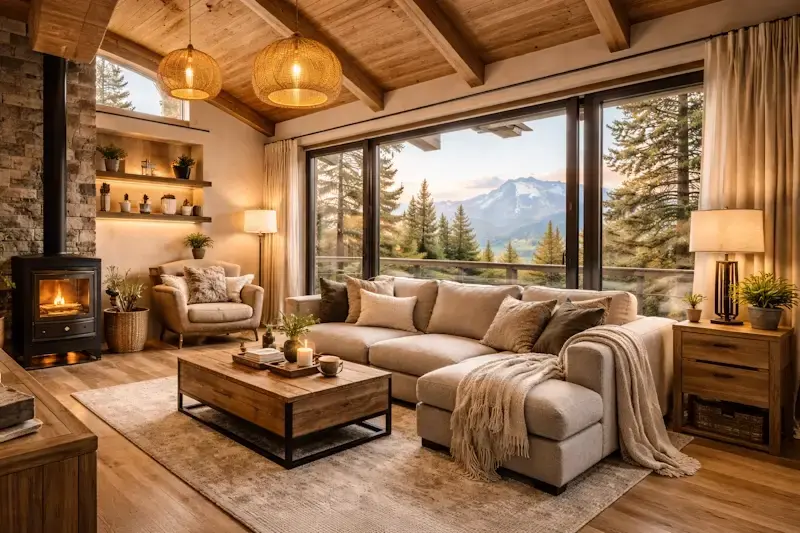 intérieur chalet bois lumineux avec grandes baies vitrées et éclairage chaleureux cocooning