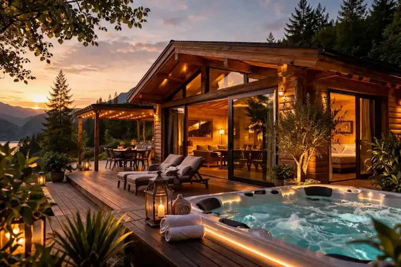 chalet en bois haut de gamme avec terrasse et jacuzzi offrant une expérience Airbnb premium en pleine nature pour maximiser la rentabilité