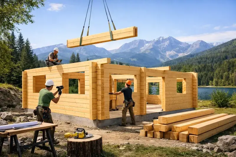 Chalet en bois en madriers empilés en cours de construction, système modulaire rapide et adaptable à tous terrains