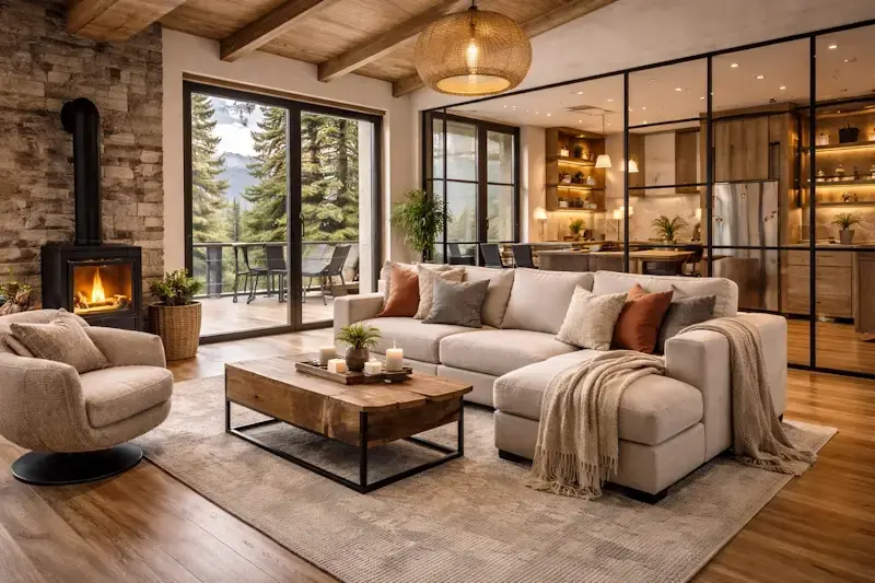 intérieur chalet bois moderne avec mélange de matériaux pierre métal verre et verrière design