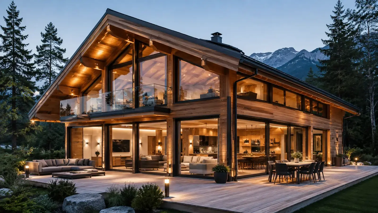 Chalet en bois moderne avec grandes baies vitrées et architecture contemporaine haut de gamme STMB Construction