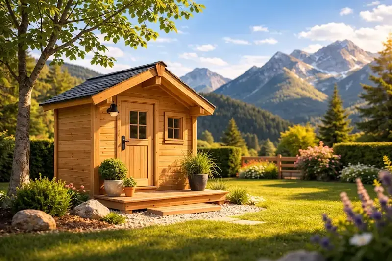 Petit chalet en bois de moins de 5 m² installé dans un jardin, exemple de construction sans permis de construire selon la réglementation.