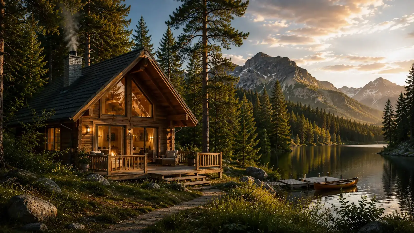 Chalet en bois chaleureux au bord d’un lac entouré de forêt et de montagnes dans un environnement naturel et paisible