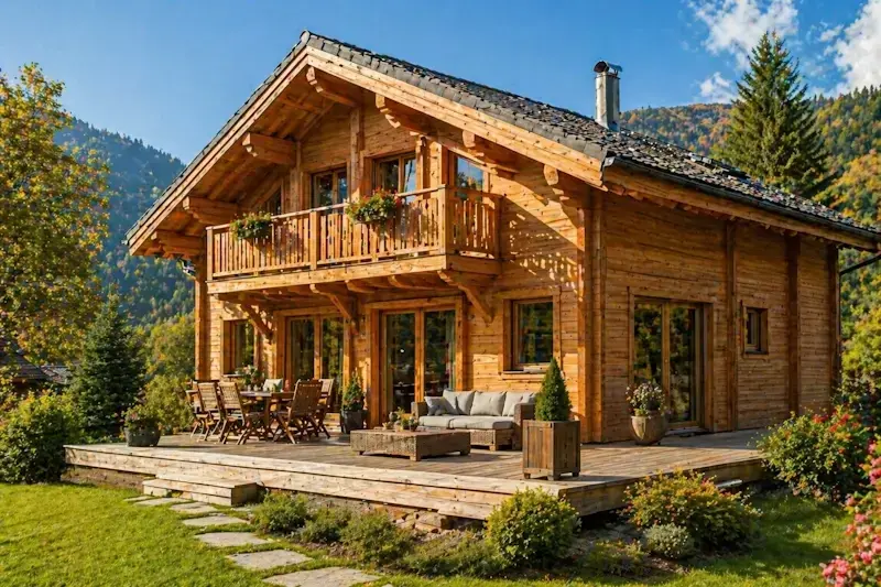Chalet en bois parfaitement entretenu avec terrasse et jardin, illustrant la durabilité et l’esthétique après un bon entretien